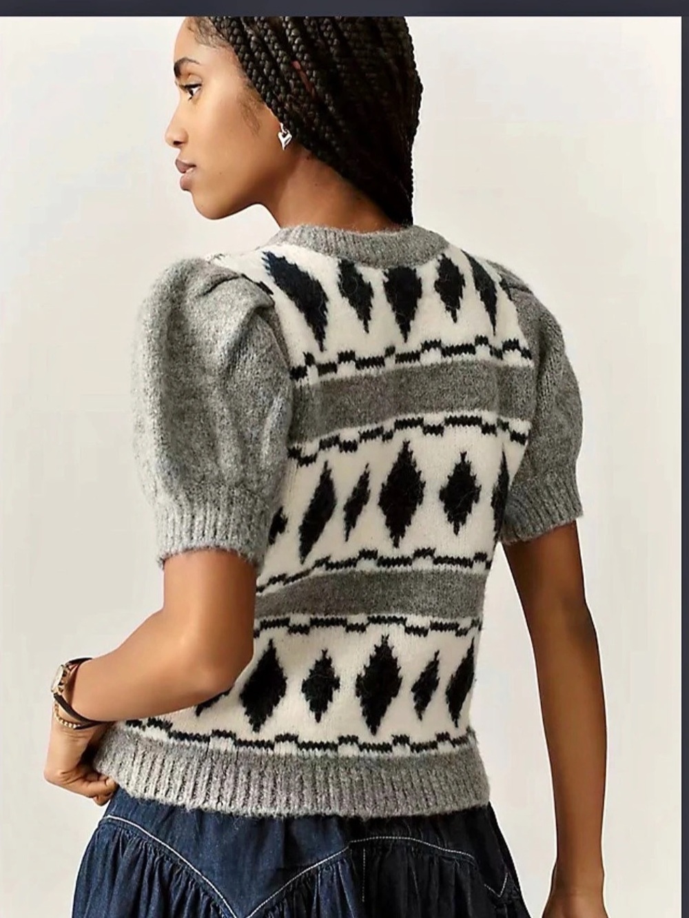 endless rose Diamond Pattern Short Sleeve Sweater Gray & White Large